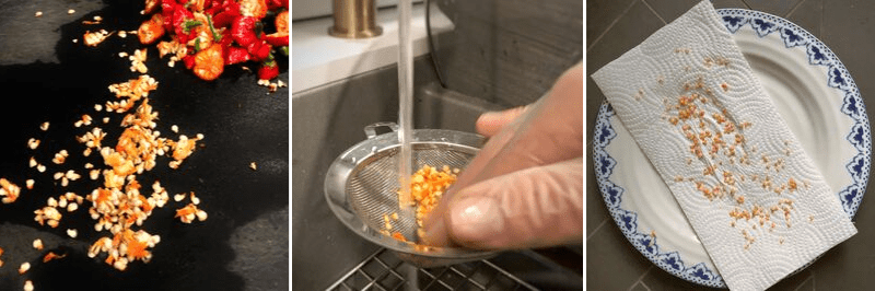 Steps for saving seeds include removing seeds, rinsing, and drying