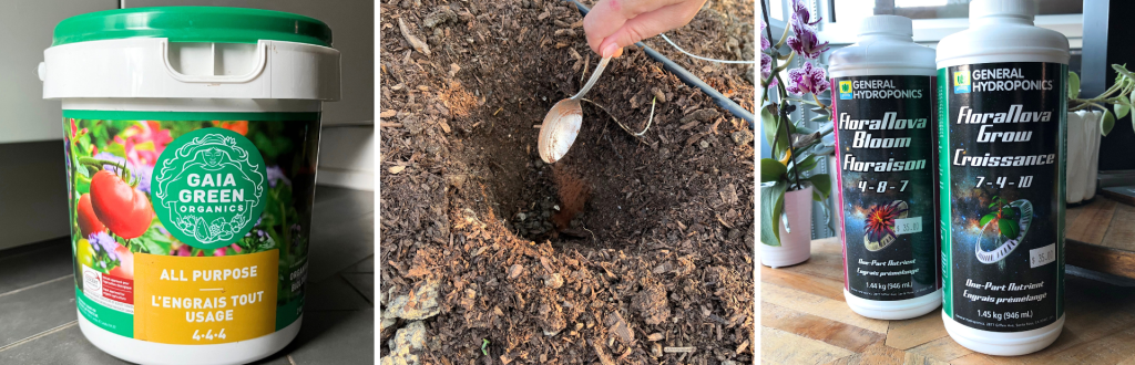 Collage with two photos of plant fertilizers, and a photo of fertilizer being sprinkled into a hole in the garden bed that a seedling will be transplanted into