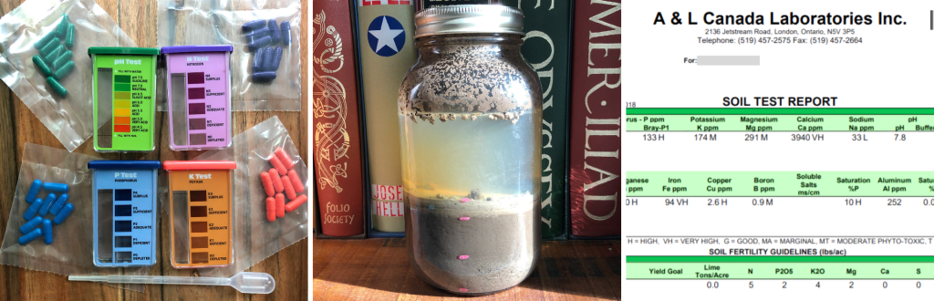 Collage of three photos demonstrating soil testing: soil testing kit, mason jar test, and lab test